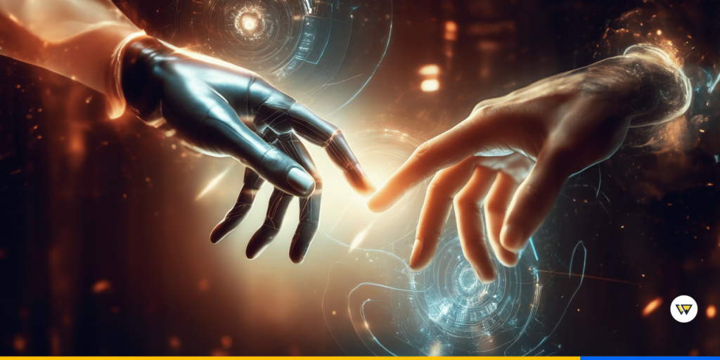 A robot and human hand reach out to touch each other against a futuristic backdrop.